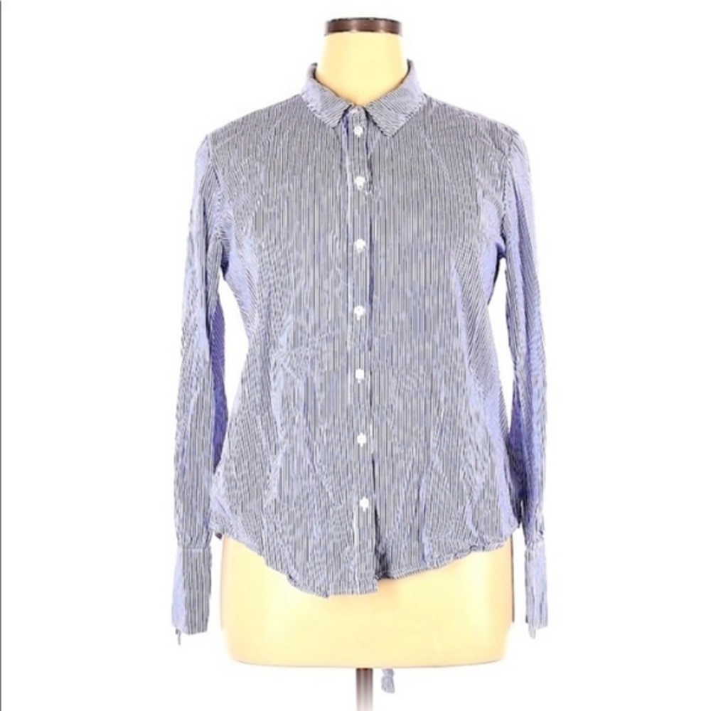 Sanctuary XL blue/white stripe lace up button up long sleeve 100% cotton top
